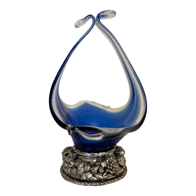 1960s Murano Style Hand Blown Glass Art Basket With Silver Base For Sale