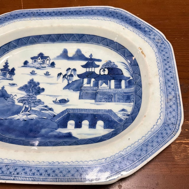 Antique Chinese Blue and White Canton Porcelain Deep Platter, Circa 1830s A handsome and generously proportioned example...