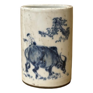 Chinese Distressed White Porcelain Blue Kids Cow Graphic Holder Vase For Sale