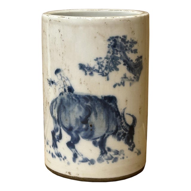 Chinese Distressed White Porcelain Blue Kids Cow Graphic Holder Vase For Sale