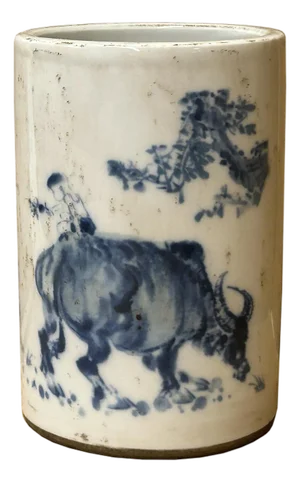 Chinese Distressed White Porcelain Blue Kids Cow Graphic Holder Vase