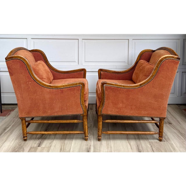 Pair of Vintage Cal-Mode French Walnut Lounge Chairs in Terracotta Upholstery For Sale In Los Angeles - Image 6 of 16