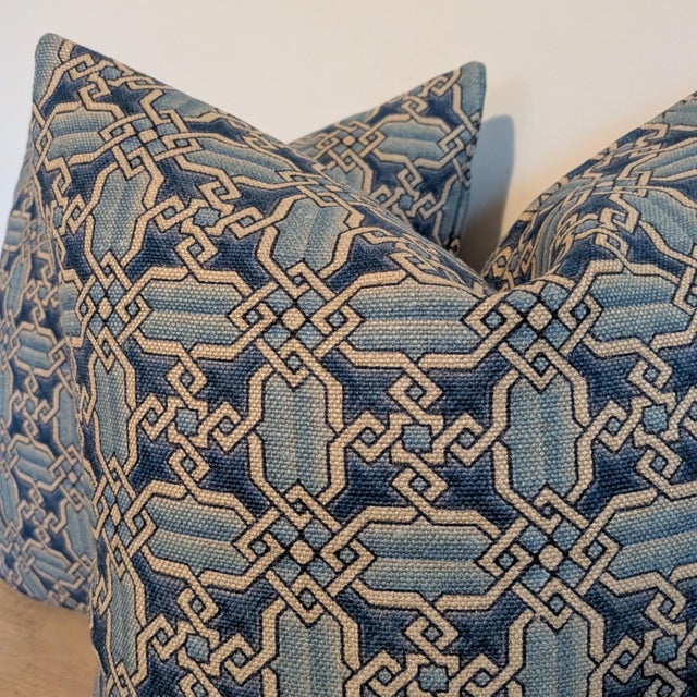 Clarence House Vietri Blue on Linen Pillows- Double Sided Pair For Sale - Image 9 of 9