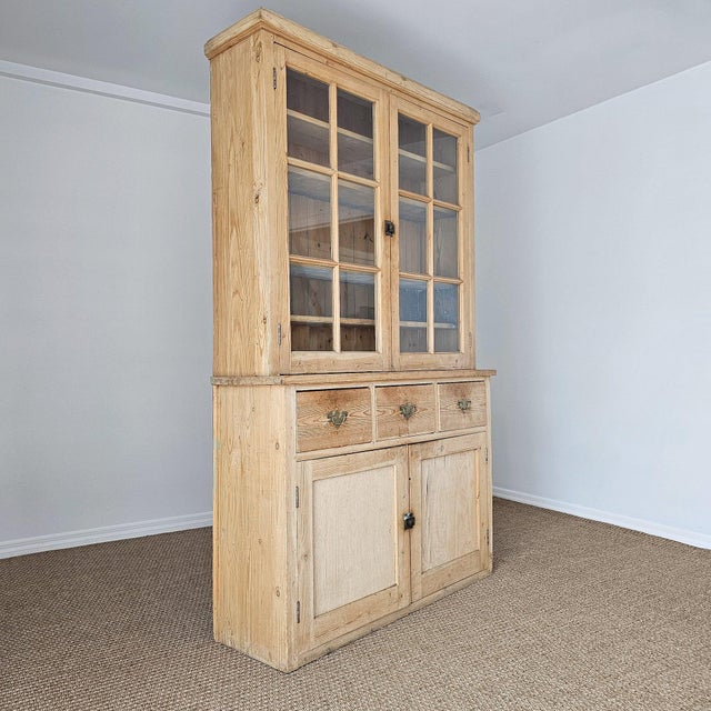 Antique English Pine Glass Door Hutch Bookcase Cabinet | Circa 1880 For Sale - Image 9 of 18