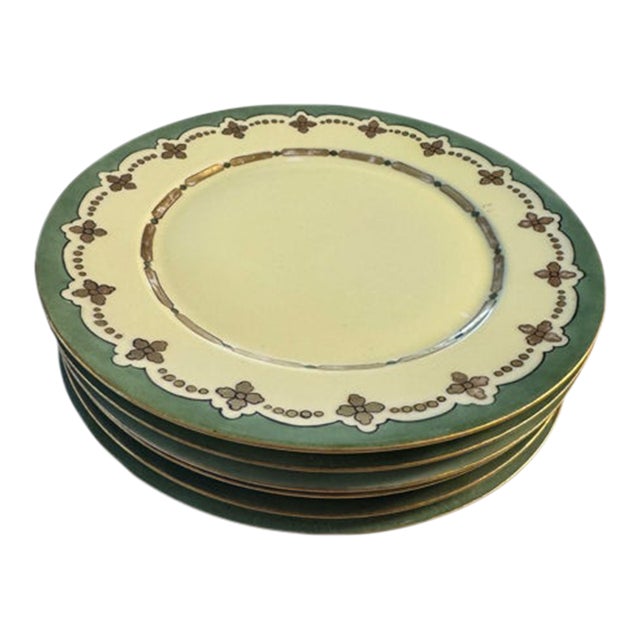 Antique Gda Limoges Luncheon Plate Green/Gold Set of 6 For Sale