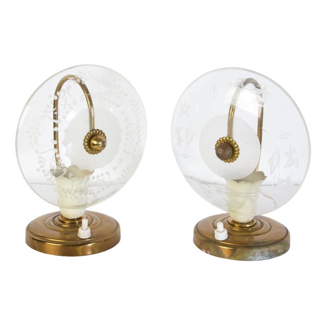 Mid-Century Modern Murano Glass and Brass Bedside Lamps, Italy, 1940s, Set of 2 For Sale