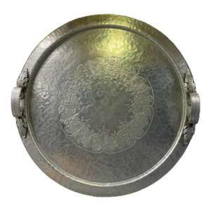 1940s Large Mid Century Modern Hammered Aluminum Serving Tray. Embossed Floral Center. Leaf Handles