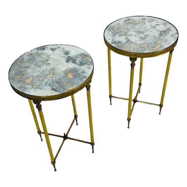 Circular Side Tables in Brass with Oxyde Mirror Tops, 1950s, Set of 2 For Sale