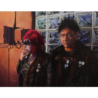 Goodbye Horses by Che Leviathan | Oil Painting of two people in a dimly lit setting For Sale