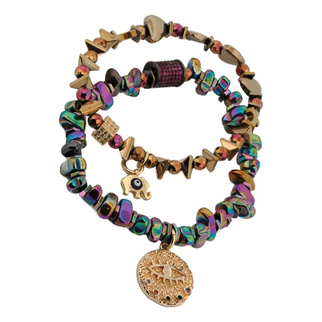 Multicolor Hematite Stone Protective Evil Eye Lucky Elephant Bracelet Set For Sale