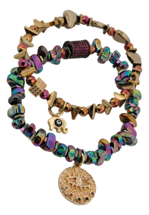 Multicolor Hematite Stone Protective Evil Eye Lucky Elephant Bracelet Set