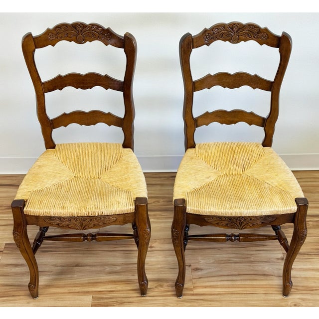 French Country Vintage French Country Rush Seat Carved Wood Chairs, a Pair For Sale - Image 3 of 10
