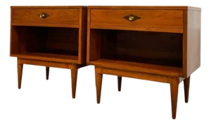Vintage Mid-Century Modern End Table Set With Diamond Parquet Accent Inlay and Dovetailed Drawers