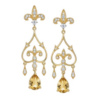 Fleur De Lis Chandelier Earrings Studs With Citrine in Silver, Gold, A Pair For Sale