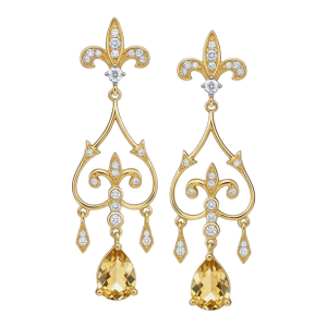 Fleur De Lis Chandelier Earrings Studs With Citrine in Silver, Gold, A Pair