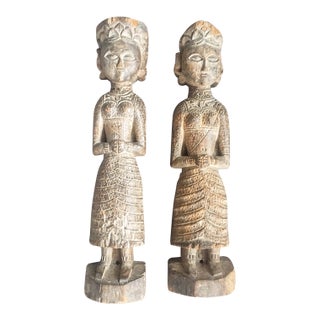 Pair, Vintage Antique Hand-Carved Wood Female Figures Temple Statue Sculpture 15" For Sale