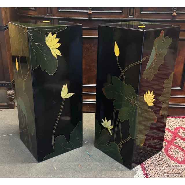 Beautiful pair of hand painted lacquer floral pedestals, Asian style, Circa 1970. In excellent condition. Pedestals are...