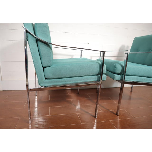 Vintage Pair Mid Century Chrome Frame Chairs Milo Baughman Style Green Fabric Modern Retro Sculptural 60's 70’s For Sale - Image 6 of 14