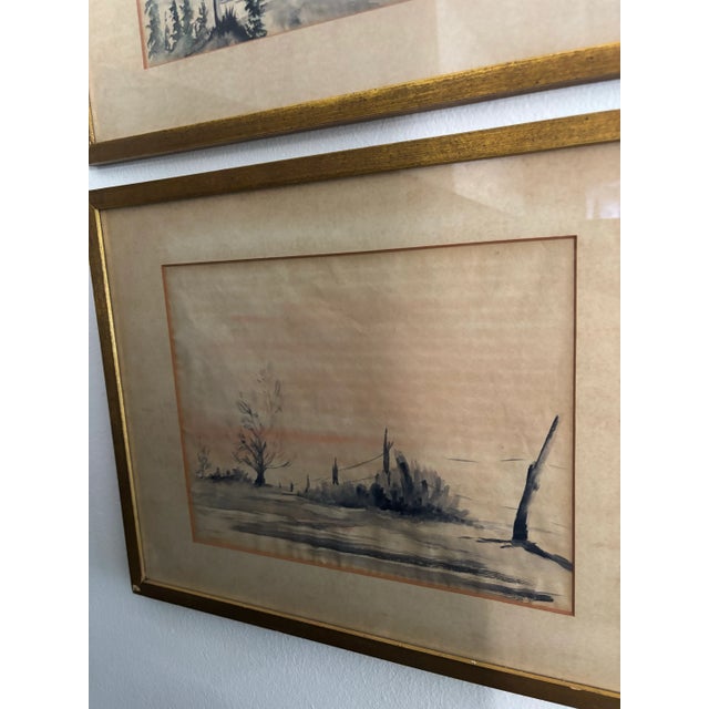 Vintage French Watercolor Serene Landscape, a Pair – Ink and Watercolor on Paper For Sale - Image 4 of 4