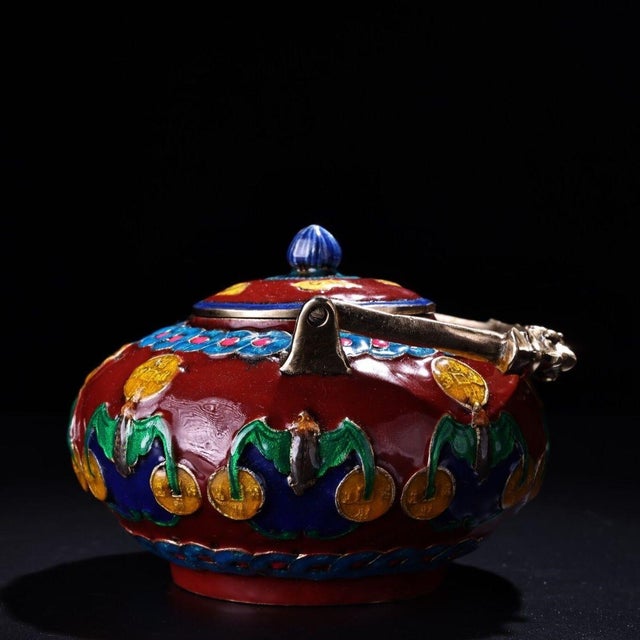 Mid 20th Century Vintage Ming Cloisonne Enamel Teapot – Red Ground Gilt Bat & Coin Motif For Sale - Image 5 of 9
