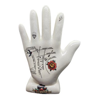 Vintage Ceramic Palmistry Hand Statue Tattooed Fortune Teller Hand For Sale