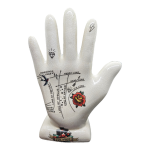 Vintage Ceramic Palmistry Hand Statue Tattooed Fortune Teller Hand