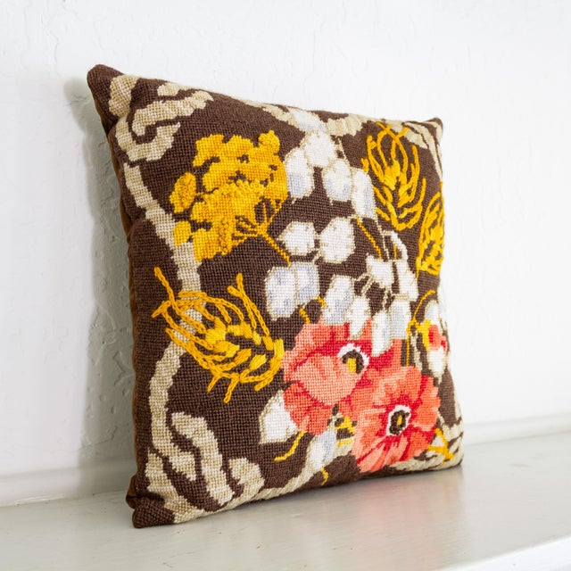 Raspberry Red Fall Floral Needlepoint Accent Pillow With Poppies and Yarrow For Sale - Image 8 of 12