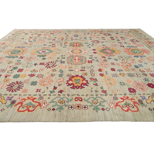 Oversize Modern Green Oushak Handmade Wool Rug For Sale - Image 10 of 11