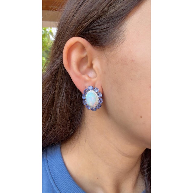 Set in 18k White Gold, Ethiopian Opal, Tanzanite & Diamonds Modern Stud Earrings, Pair For Sale - Image 9 of 11