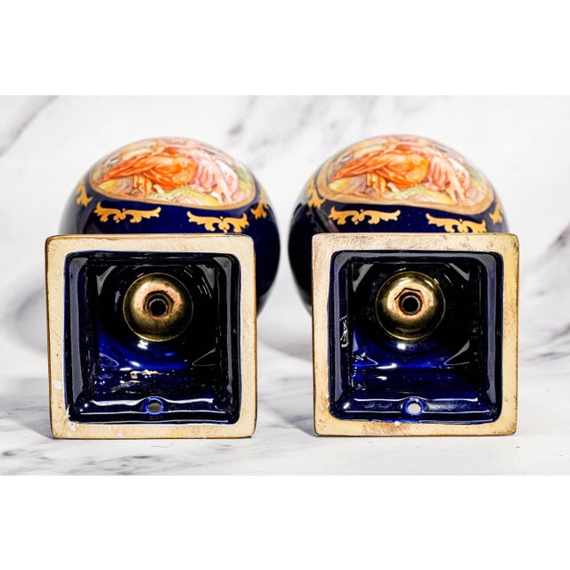 Ornate Decorative Pair Antique Italian Blue and Gold Hand Painted Urns Classical Scenes Mythology Home Decor For Sale - Image 17 of 18