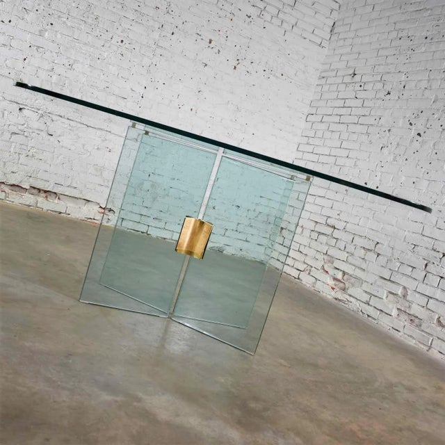 Late 20th Century All Glass Dining Table With Brass Plated Connector Attributed to the Pace Collection For Sale - Image 5 of 13