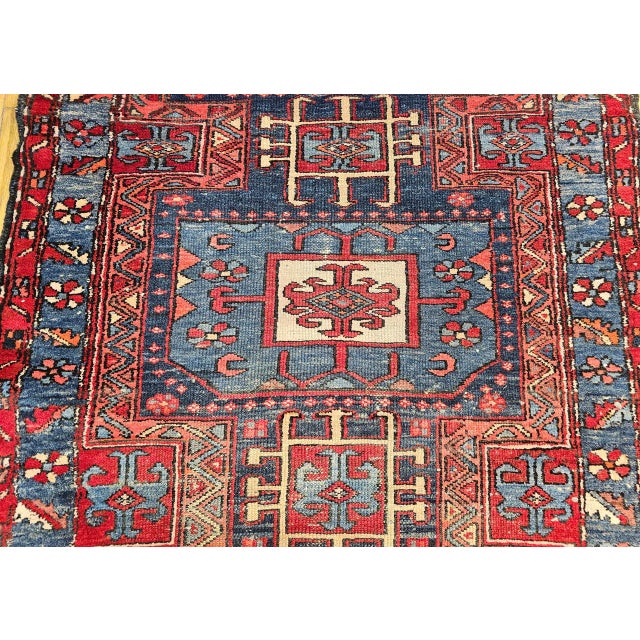 Antique Northwest Persian Runner Rug, Hand-Knotted Wool, Geometric Medallions Pattern, 3x10, Blue & Red For Sale - Image 12 of 15