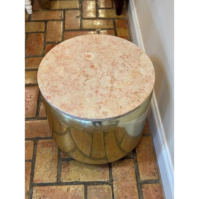 Brass Paul Mayen Round Brass Table With Pink Marble Top For Sale - Image 8 of 12