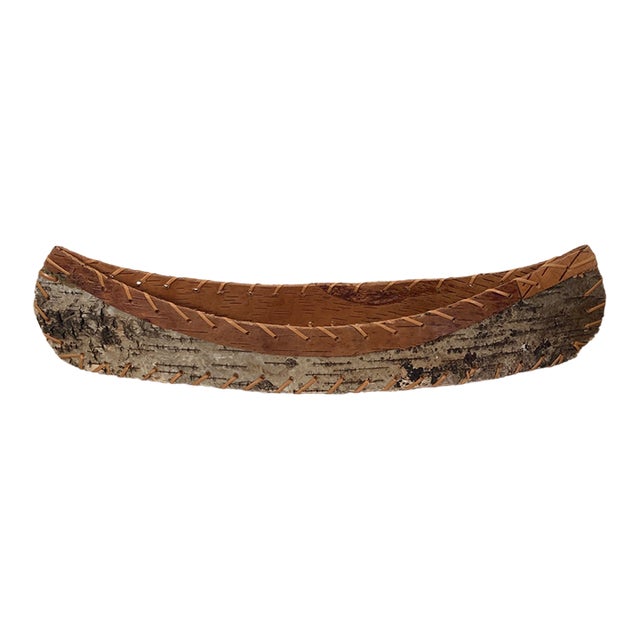 Vintage Rustic Handmade Birch Bark Canoe Model - Folk Art Basket For Sale