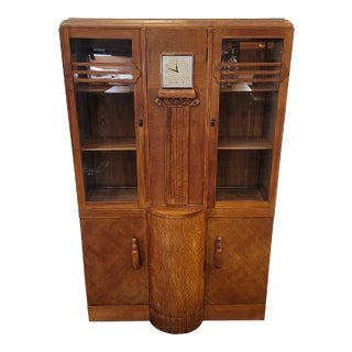 Antique 1930's Oak Bookcase With Clock and Magazine Rack For Sale