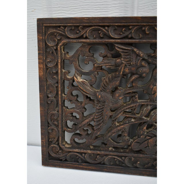 Vintage Hand Carved Chinese Plaque With Birds & Floral Details For Sale - Image 11 of 12