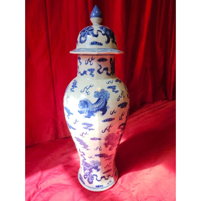 Late 19th Century Final Clearance 19th Century 24" Shishi Qilin Blue and White Temple Urn Tribute - 24" For Sale - Image 5 of 18