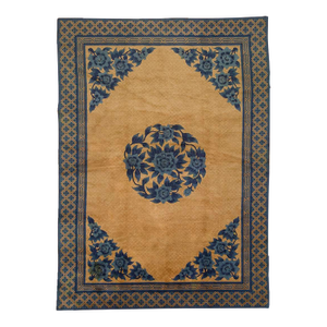 Fantastic Peach and Blue Color With Floral and Geometric Design Vintage Chinese Peking Rug