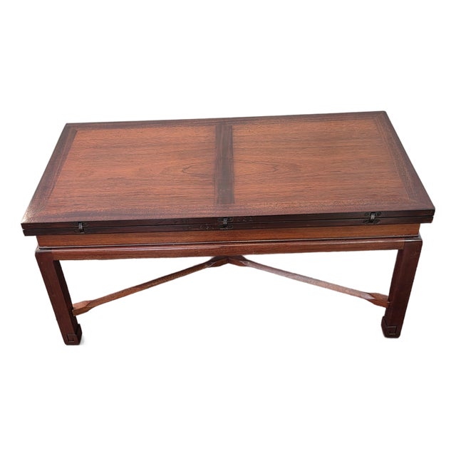 Antique 1939 Asian Theme Coffee Table Mahogany Swivel Top Game Table For Sale