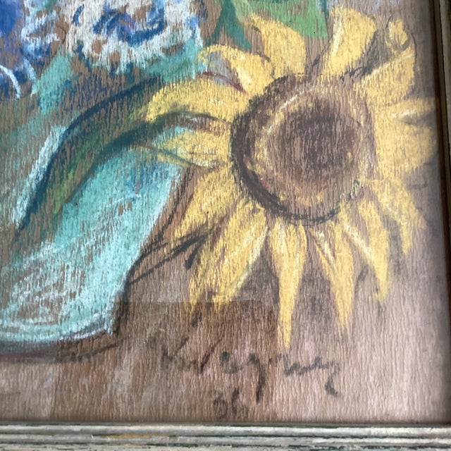 Wood Antique Floral Still Life Painting on Paper Framed Signed Circa 1936 For Sale - Image 7 of 12