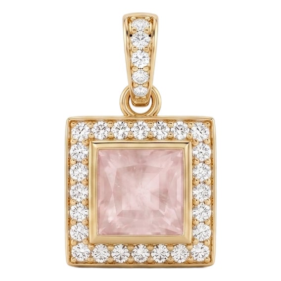 Rose Quartz Square Necklace | Pink Gemstone Stacking Pendant | Dainty Minimalist Pendant For Sale