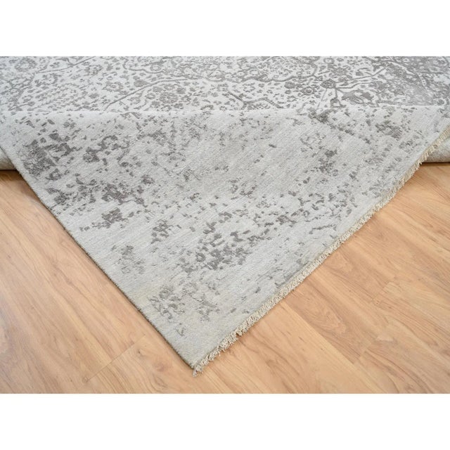 Gray, Broken Persian Design, Hand Knotted Wool and Pure Silk, Square Oriental Rug For Sale - Image 4 of 12