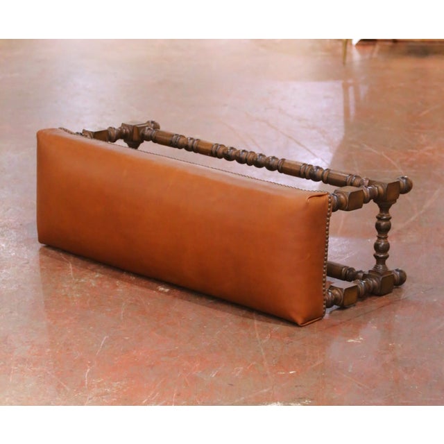 Brown Early 20th Century French Louis XIII Style Walnut Bench With Leather Seat For Sale - Image 8 of 9