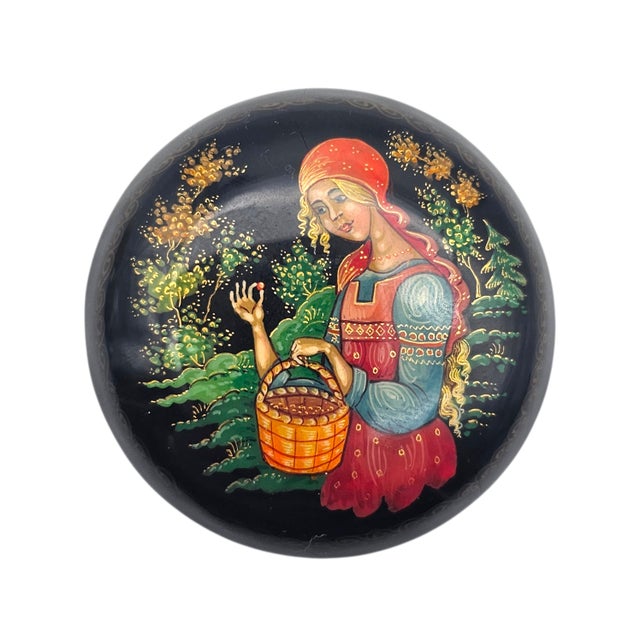 Russian Palekh Style Hand Painted Lacquer Miniature Trinket Box Signed “Autumn” 2.125" For Sale - Image 4 of 16