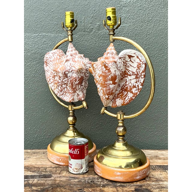 Wood Vintage Brass and Wood Shell Lamps - Pair For Sale - Image 7 of 12