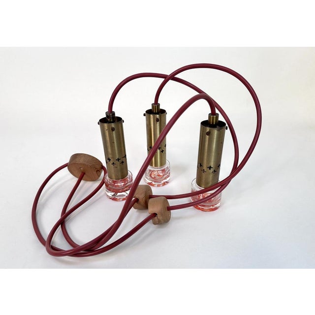 3-Light Brass and Mouth-Blown Glass Art Hanging Lamp, Sweden 1960s For Sale - Image 15 of 18