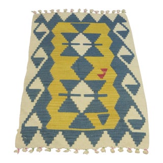 1960s Traditional Geometric Blue and Yellow Cappadocia Kilim Rug For Sale