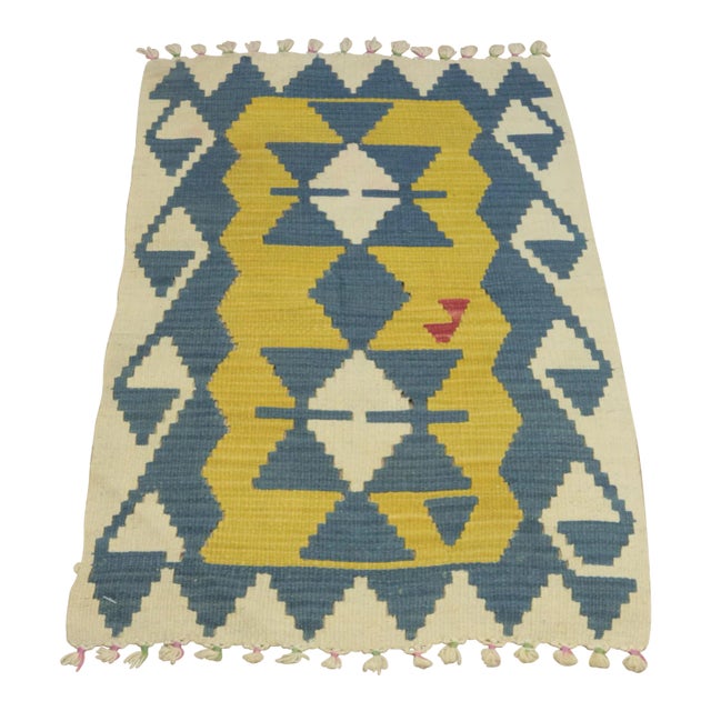 1960s Traditional Geometric Blue and Yellow Cappadocia Kilim Rug For Sale