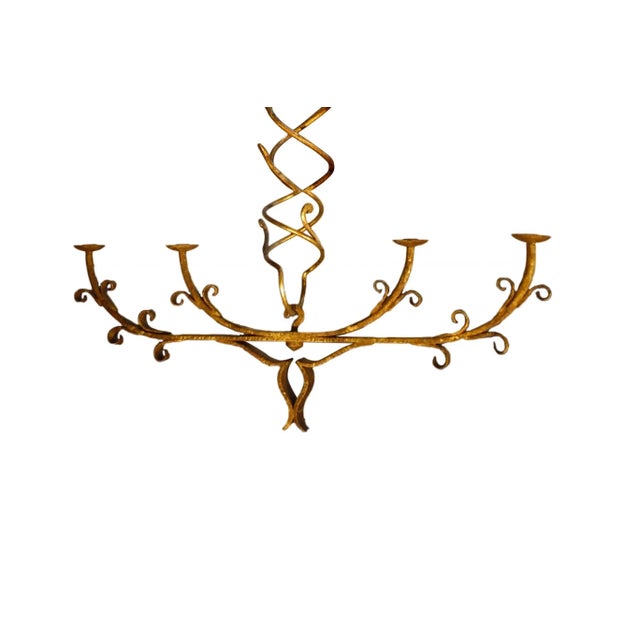 Italian Mid Century Art Nouveau Forged Wrought Iron and Gold Gilt Chandelier For Sale - Image 4 of 8