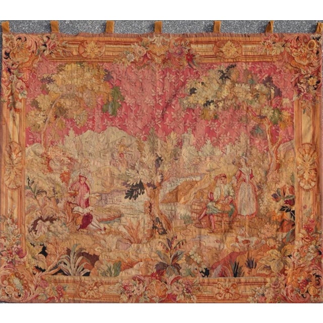 Orange Late 19th Century French Aubusson Pastoral Tapestry With Figures and Floral Border For Sale - Image 8 of 12